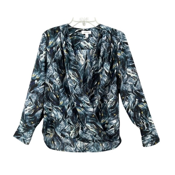 Nordstrom Shirt Womens Sz S Blue Black Abstract Feather Wrap Front Long Sleeve - Picture 1 of 12